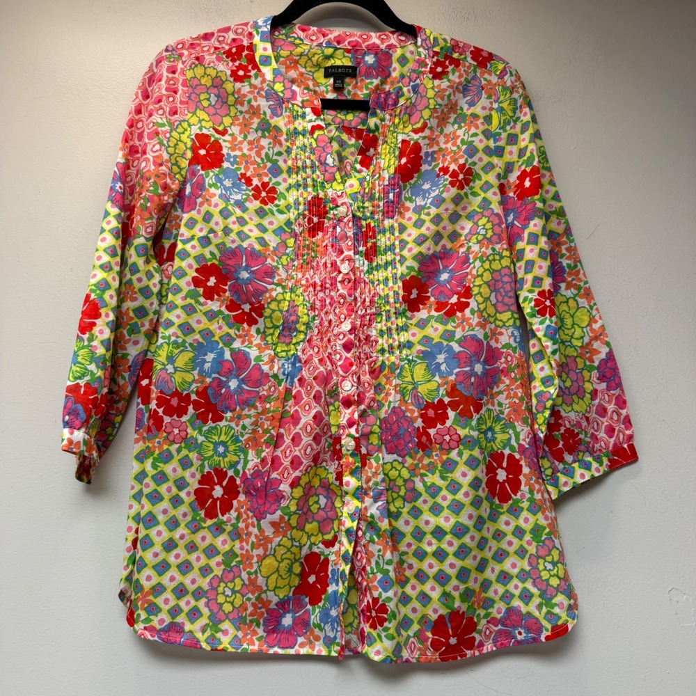 Talbots Tunic Women XS Multicolor Excellent Cotton Floral Pintuck Split Neck Top